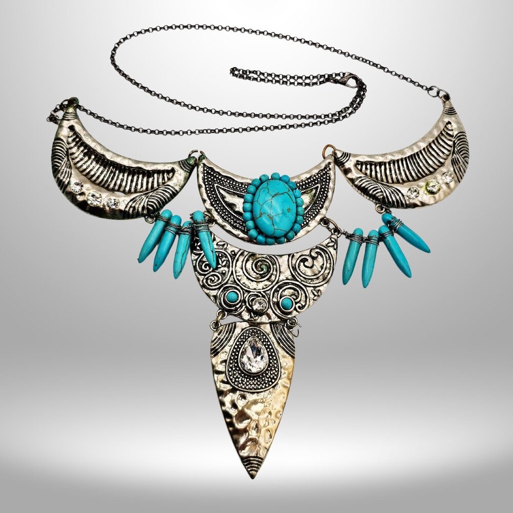 Bold Turquoise Tribal Crescent Statement Necklace Silver Tone
